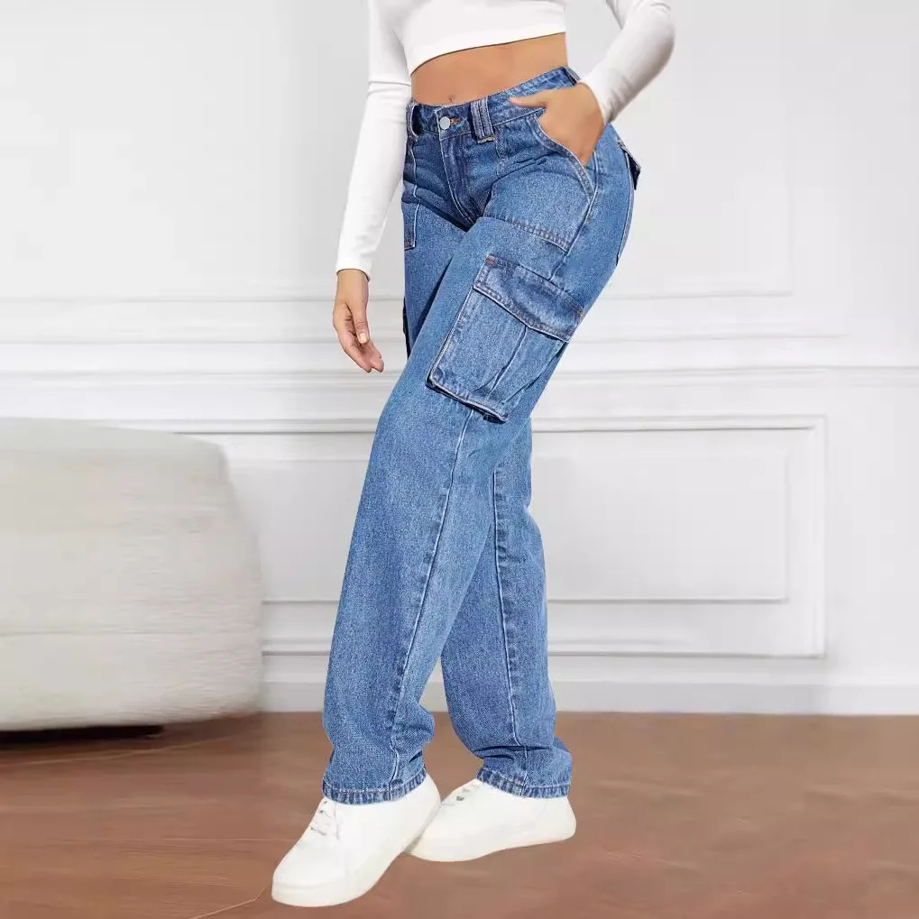 Blue Autumn Cargo Jeans Women High Waist Button Pocket Loose Denim Pants High Quality Fashion Female Cowboy Trousers 240806