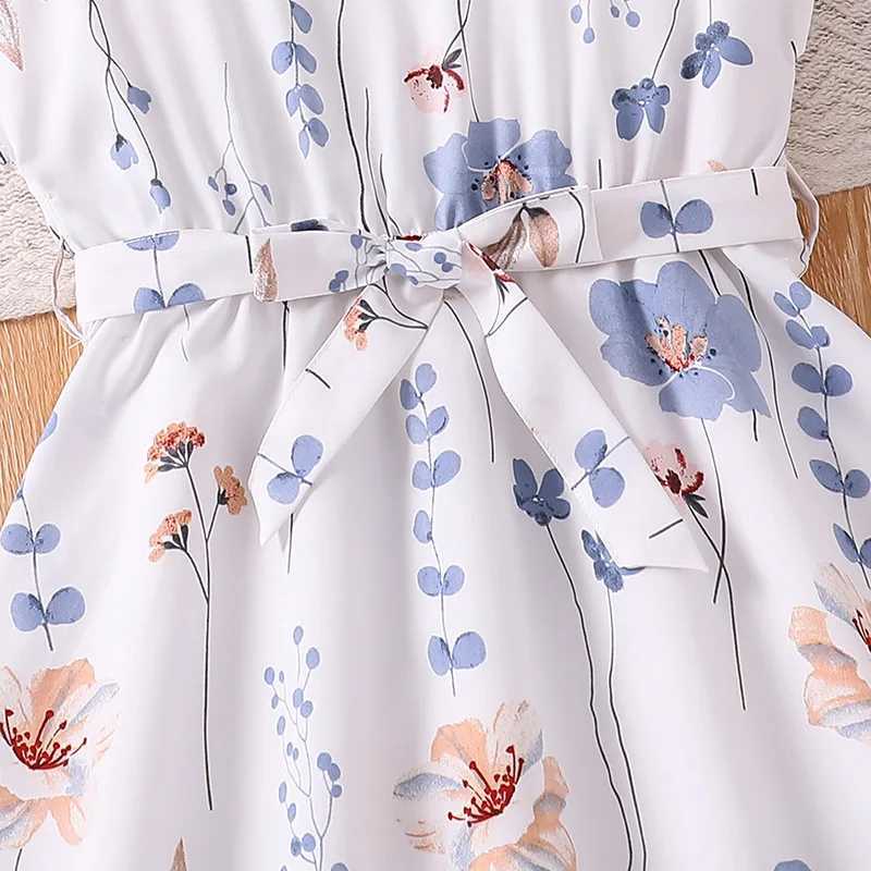Childrens casual womens summer new childrens fashion floral print sleeveless white high waisted princess dress 7-14YW240720