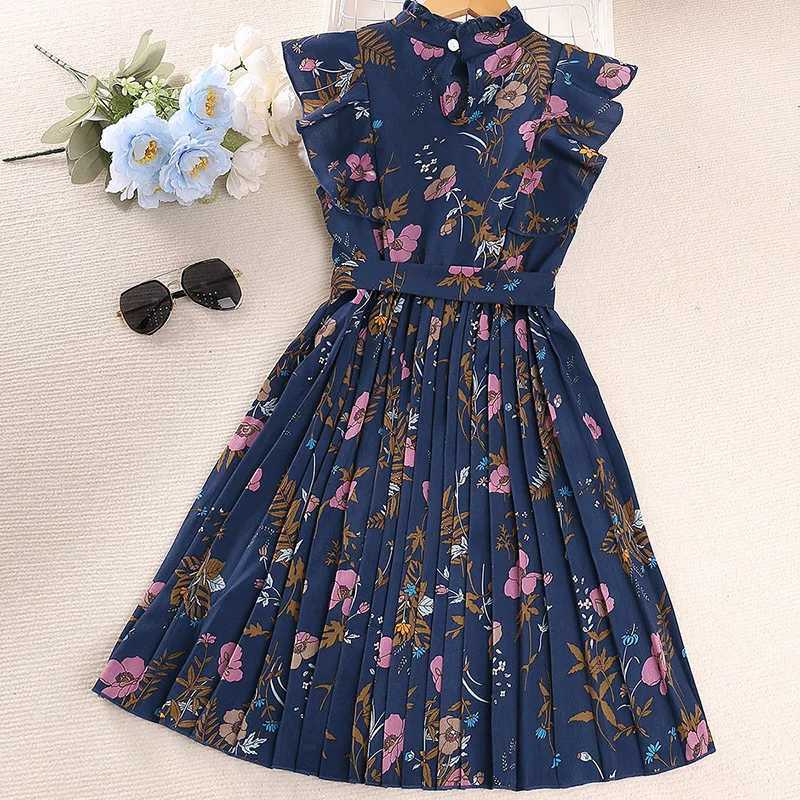 Childrens floral print girls casual dress summer 2023 new childrens sleeveless princess pleated dress with belt clothing 7-14YW240720
