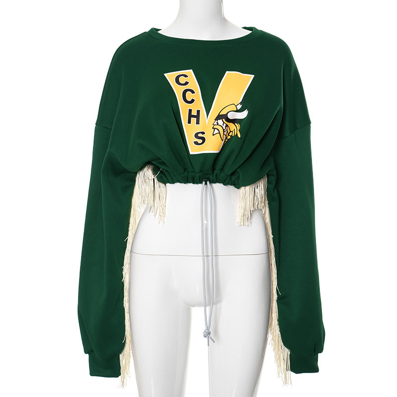 Women's autumn and winter new round neck long sleeved letter printed drawstring waist cinching short tassel sweatshirt