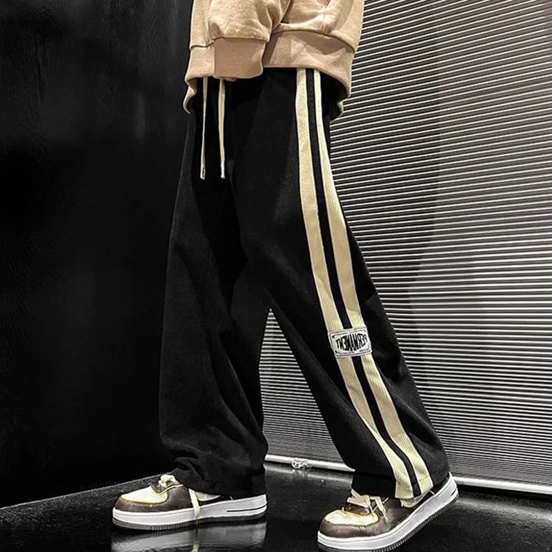 Side Striped Corduroy WideLeg Pant Men Korean Fashion Hip Hop Cargo Loose Casual Straight Sports Outdoor Running 240806