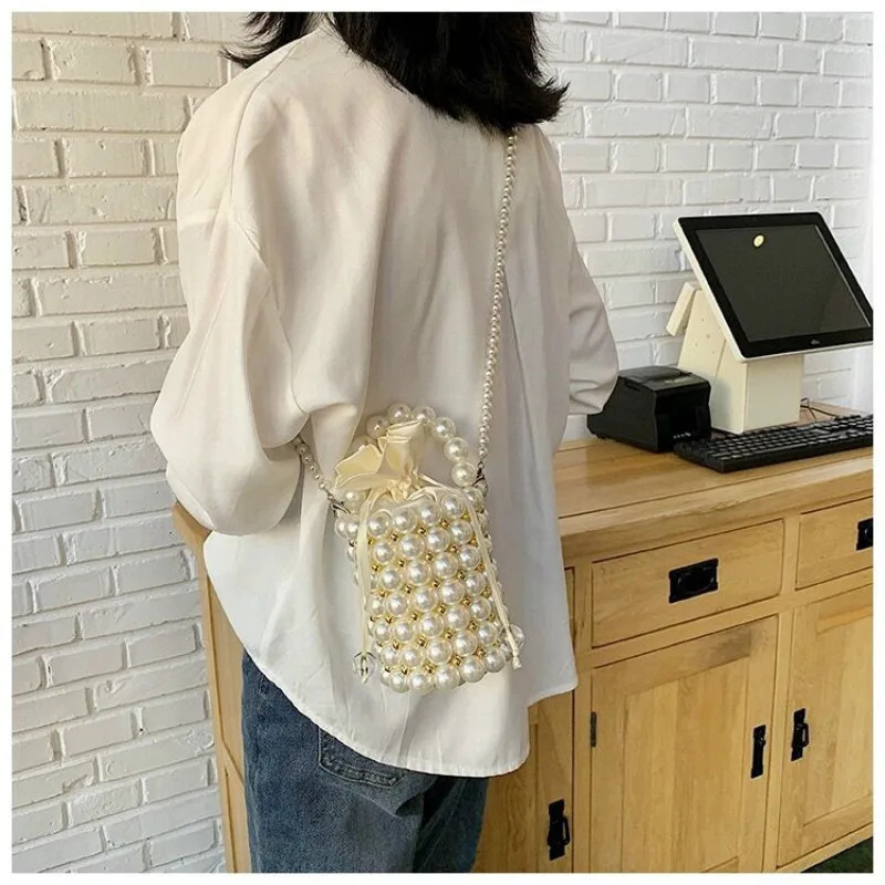 selling womens handmade pearl shoulder bag trend black bucket stone wallet wedding evening handbag 240806Z