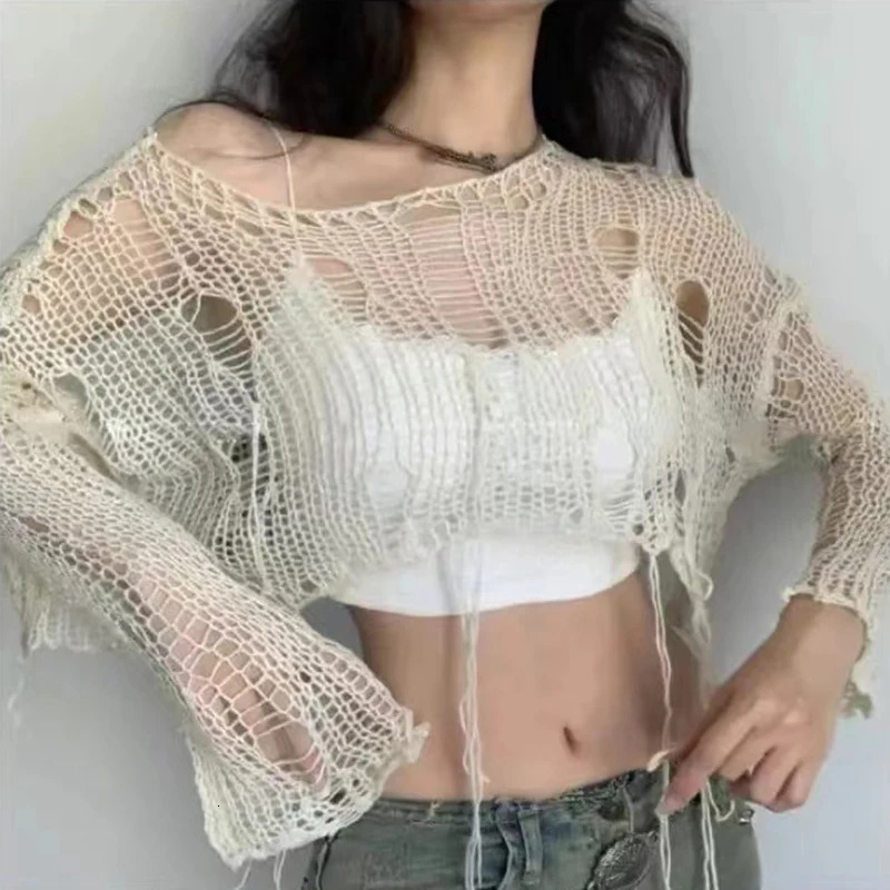 Boho Women Knitted T Shirt Y2k Hollow Out Loose Female Crop Tees Vintage Korean Ripped Long Sleeve All Match Ladies Jumpers 240806