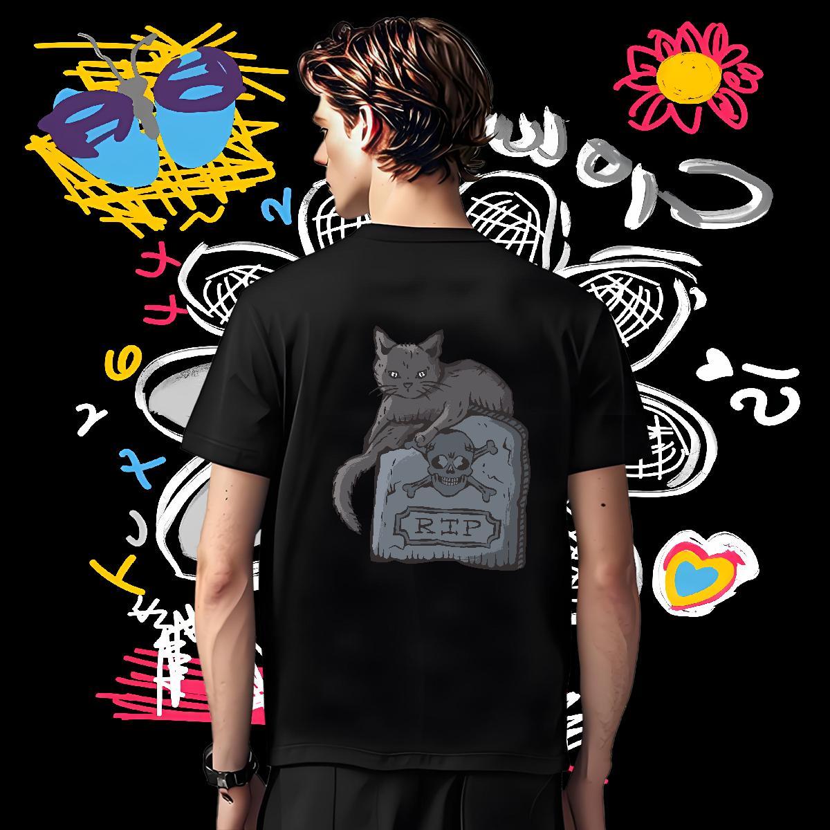 New T Shirts Men 100% Cotton 230g cat Beach Tshirts Breathable Short Sleeve Loose Men Tees Skull