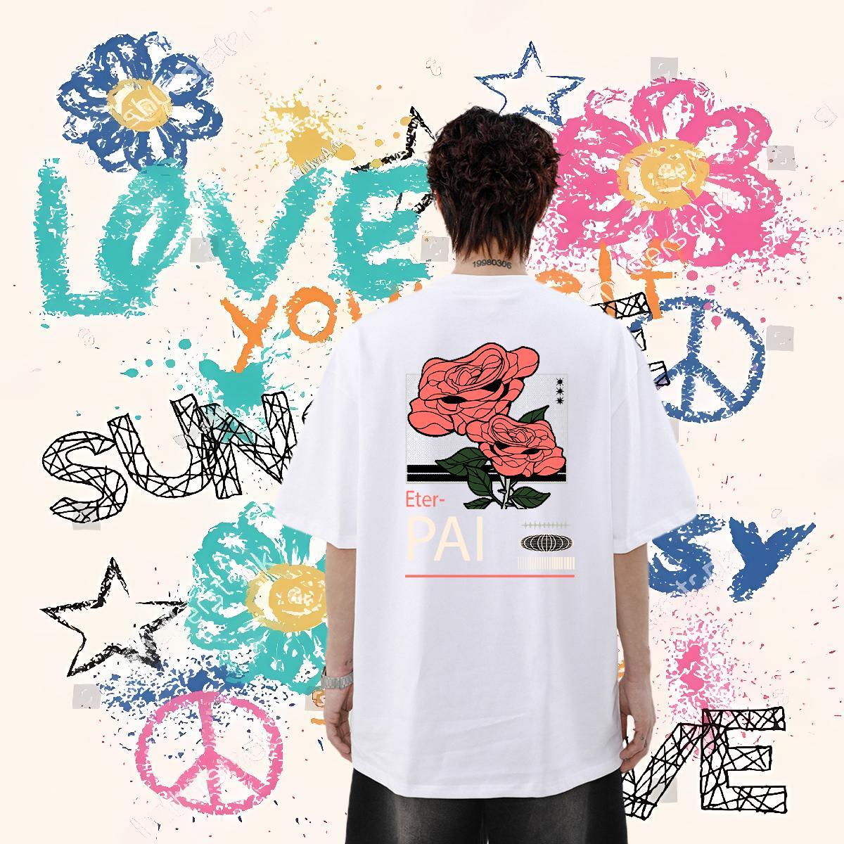 2024 Summer T Shirt For Man 100% Cotton 230g flower Street Wear Tee Shirt Round Neck Short Sleeve Designer Men Clothes T-Shirt Custom Anime