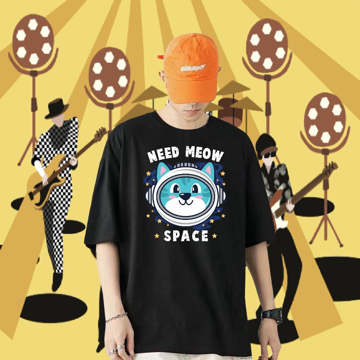 Fashion New Man T Shirts 230g 100% Cotton cat Street Casual Tops Tees Breathable Short Sleeve Unisex Mens Tshirts Black Oversized