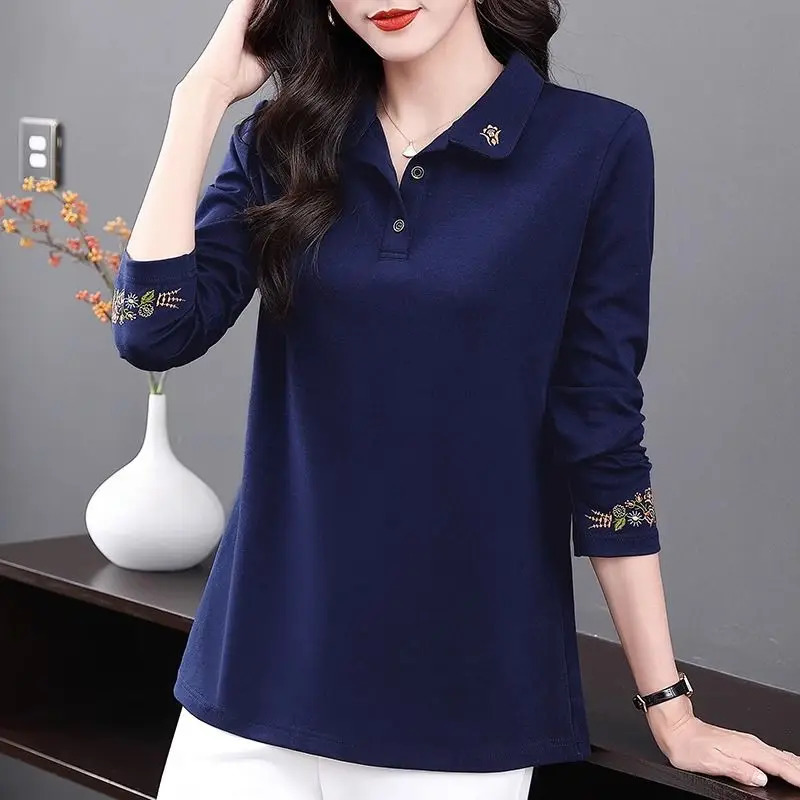 Womens Vintage Embroidery Polo Collar Elegant T-shirts Spring Autumn Korean Fashion Casual Long Sleeve Loose Tops Ropa De Mujer 240806