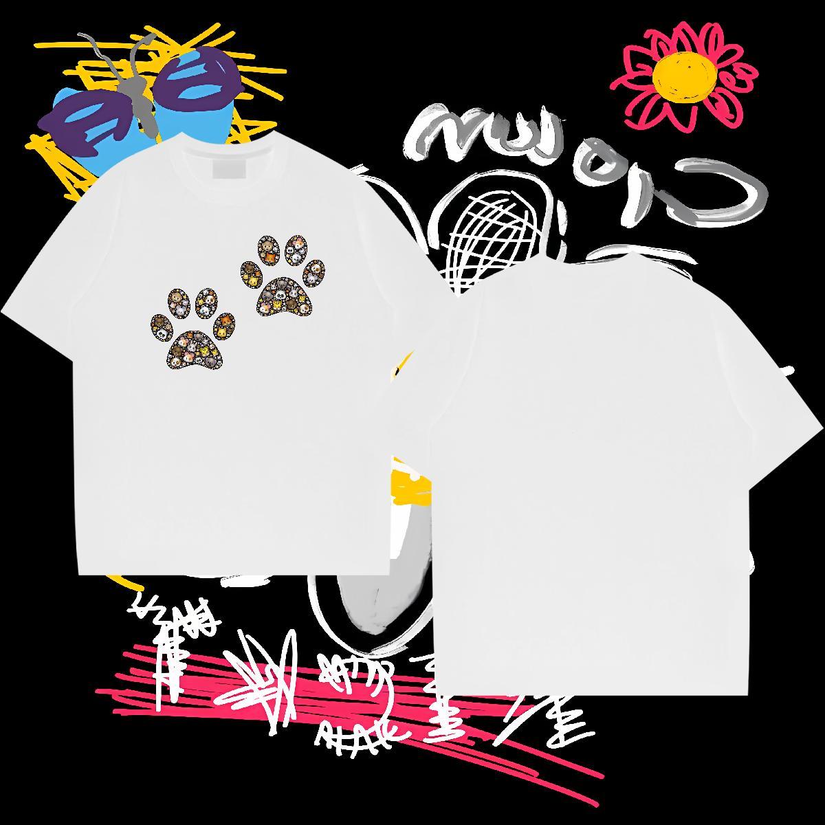 Fashion Casual T shirt 230g 100% Cotton dog's paw Street Casual Tshirts Breathable Crew Neck Unisex Couples T Shirts DIY Printed