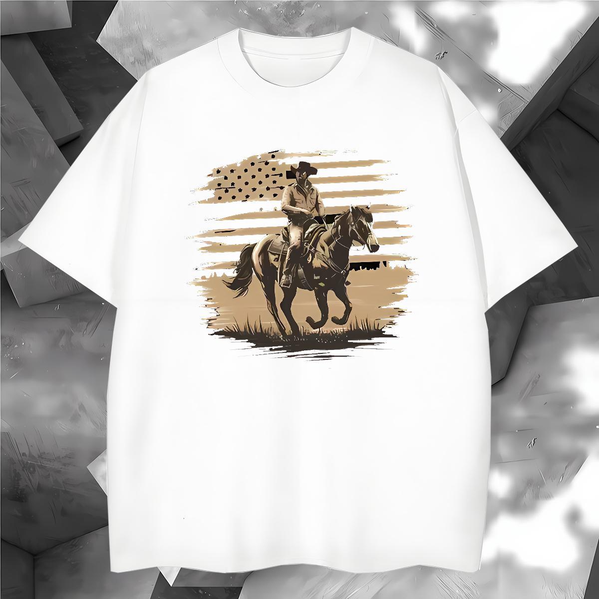 T Shirts Men 230g 100% Cotton horse Sports Casual Breathable Short Sleeve Cartoon Print Men Tees Fashion Design Popular Tees Shirts