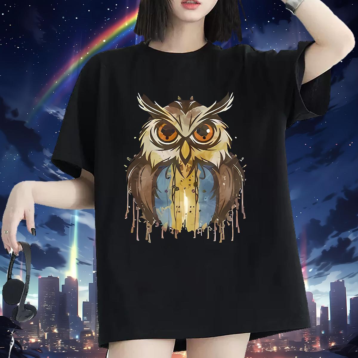 Unisex Woman T Shirts Breathable Short Sleeve Woman Tshirt Cartoon Floral Printing Owl Home Outdoor 230g Cotton 2024 Polos