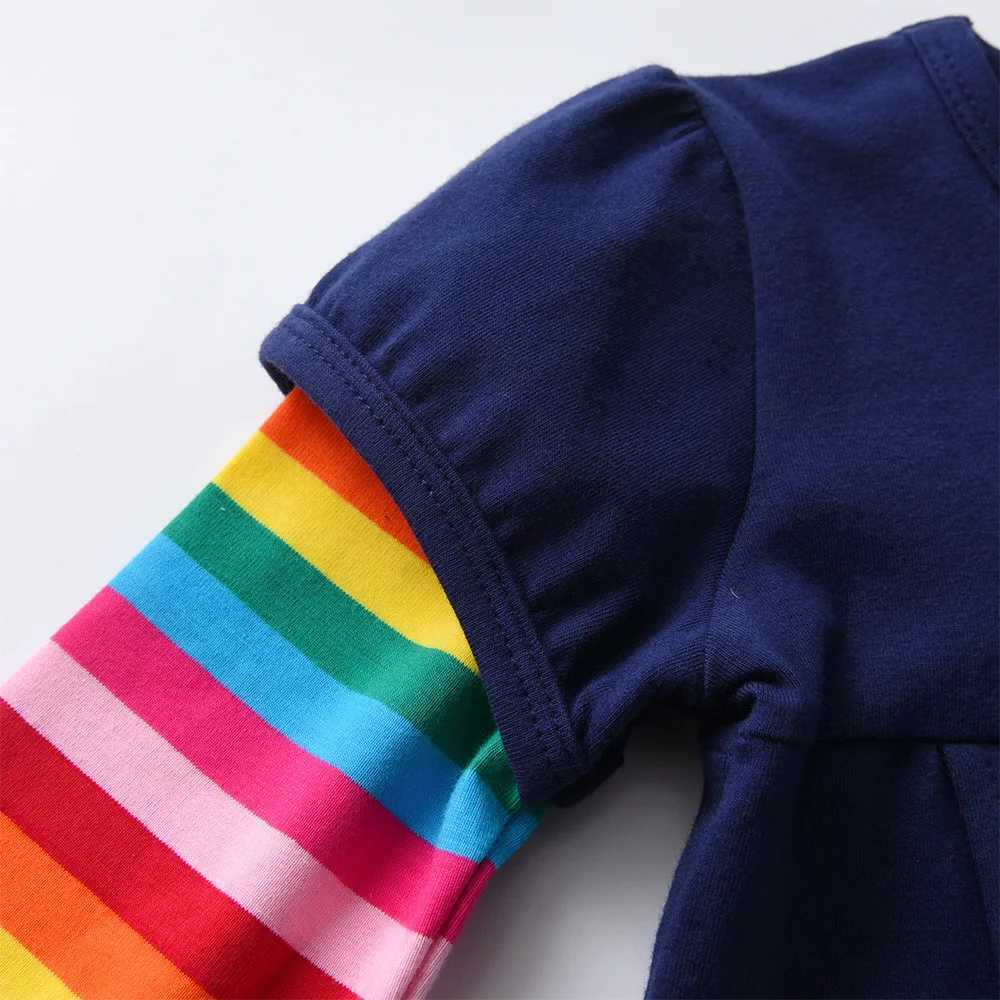 DXTON girls floral embroidered dress childrens floral dress pocket girls rainbow striped cotton casual daily dress childrens clothingW240720