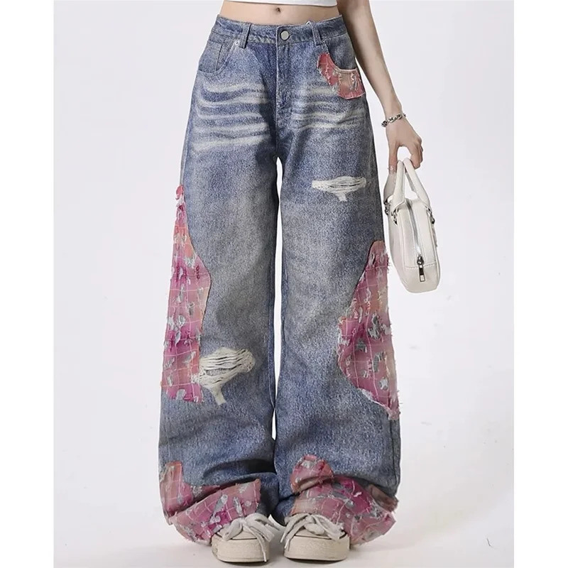 Autumn Vintage Ripped Harajuku Y2K Loose Jeans Hollow Out Tassels Pants Womens Wide Leg Trashy Print Baggy Denim Trouser 240806