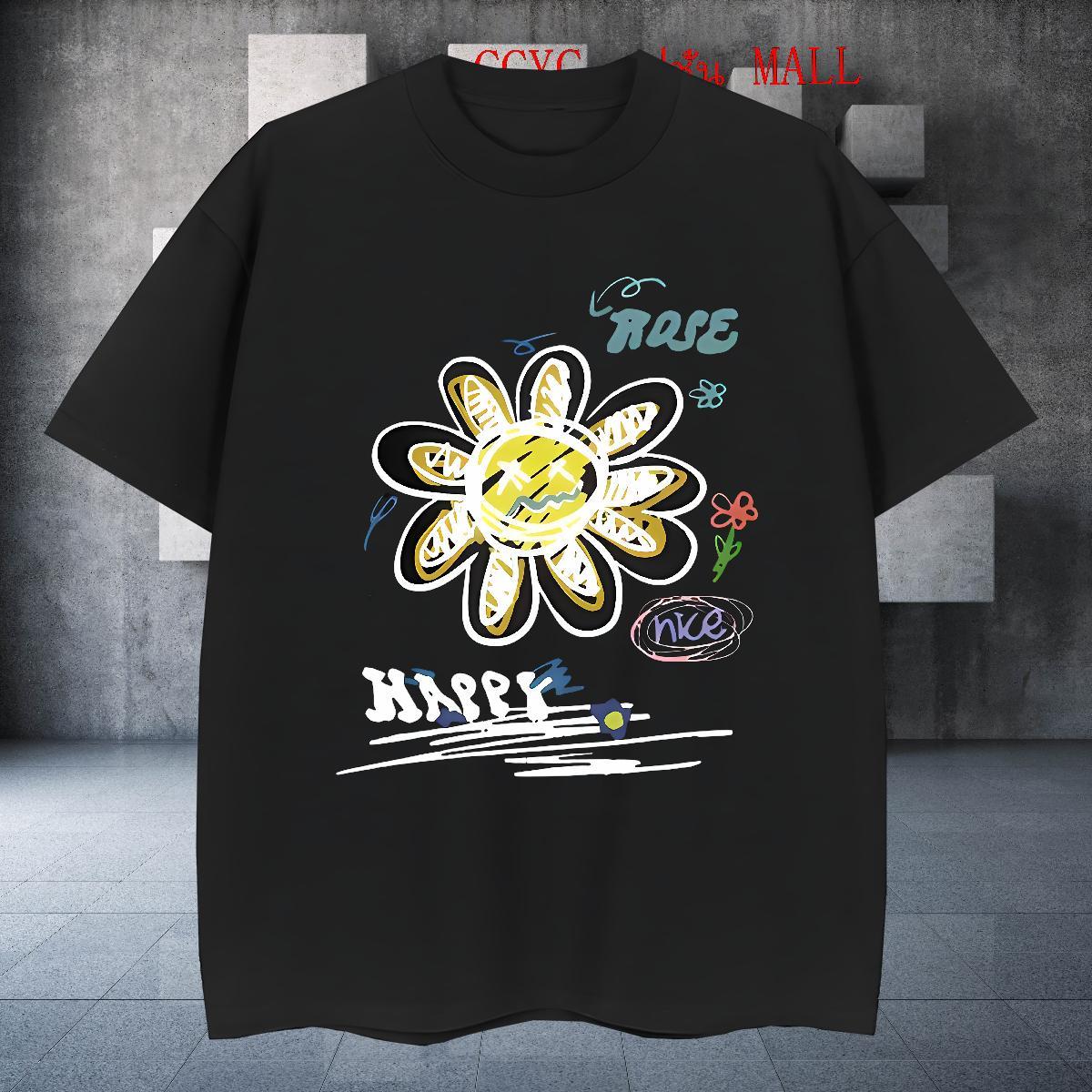 Stylist T Shirt For Man 100% Cotton 230g flower Street Casual Polos Pure Cotton Brand Couples T Shirts Black Oversized