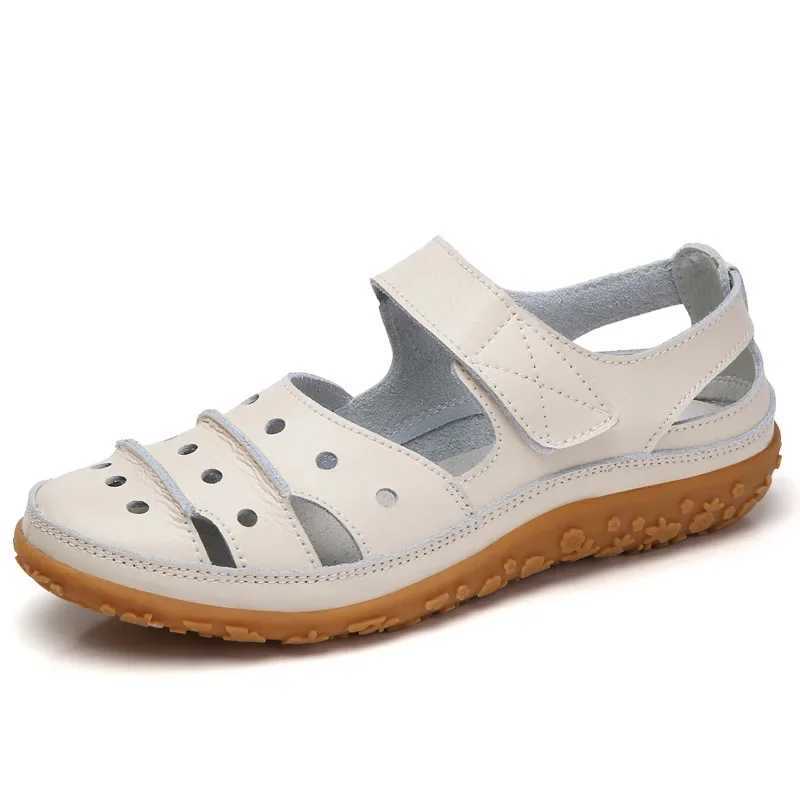 High Quality Mother Womens Female Ladies Genuine Leather White Shoes Sandals Hook Loop Summer Cool Beach Hollow Soft Nurse Shoes T241227
