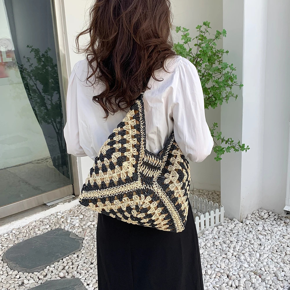 Summer Bohemian woven handbag casual hollow turf beach bag shoulder Rattan shopping travel 240806