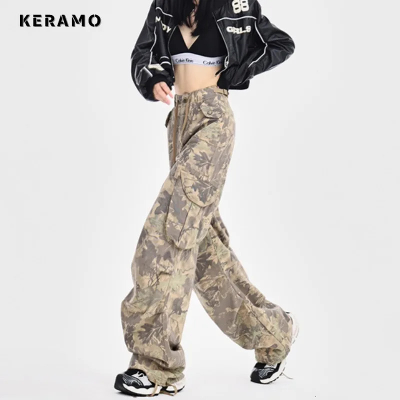 Womens Retro High Street Casual Overalls Printting Wide Leg Pants American Oversized Y2k Drawstring Loose Fit Cargo Pants 240806