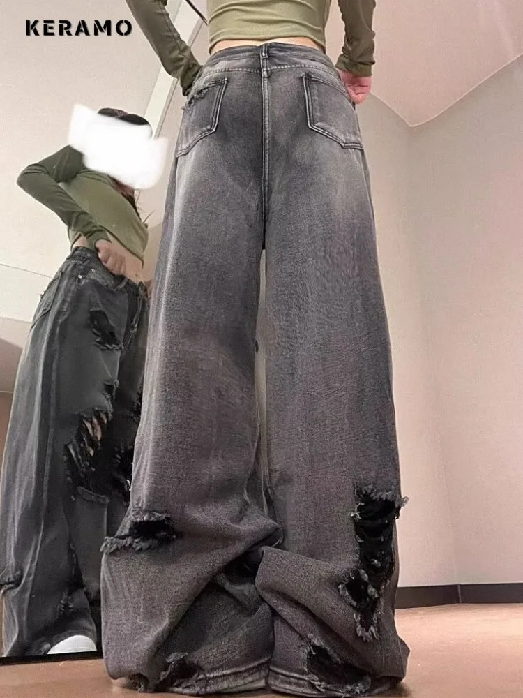 American Vintage High Waist Straight Jeans Womens Casual 2000s Pants Baggy Y2K Wide Leg Grunge Hollow Out Denim Trouser 240806