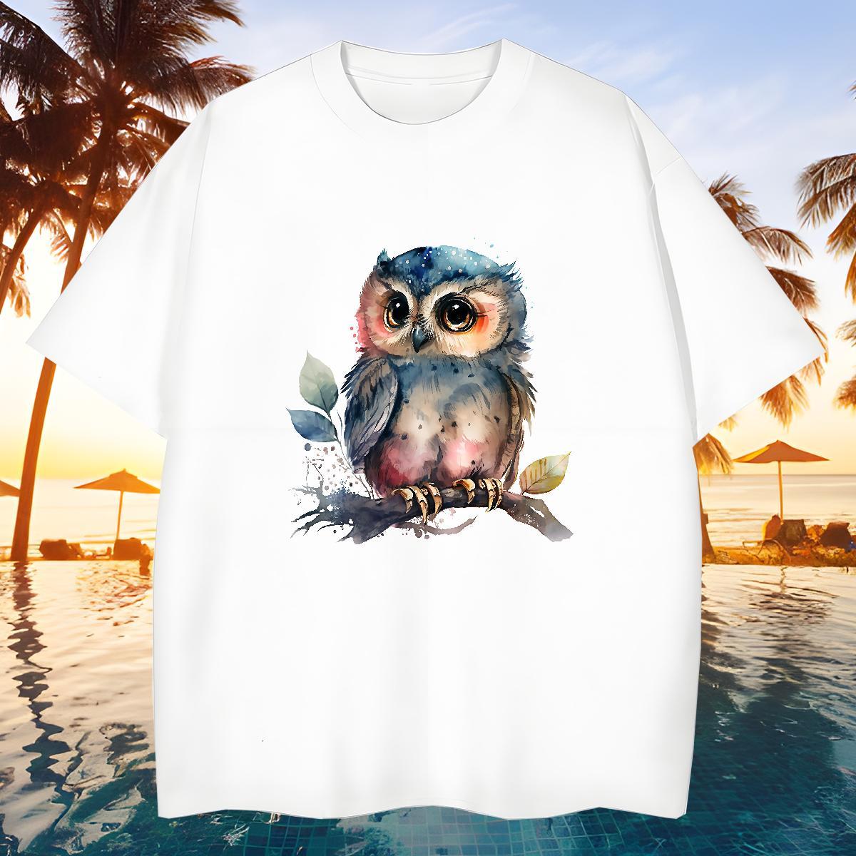 Free Shipping Mens Tshirts 100% Cotton 230g Owl Men T Shirts Daily Outfit Breathable Floral Print Casual New Top Tees