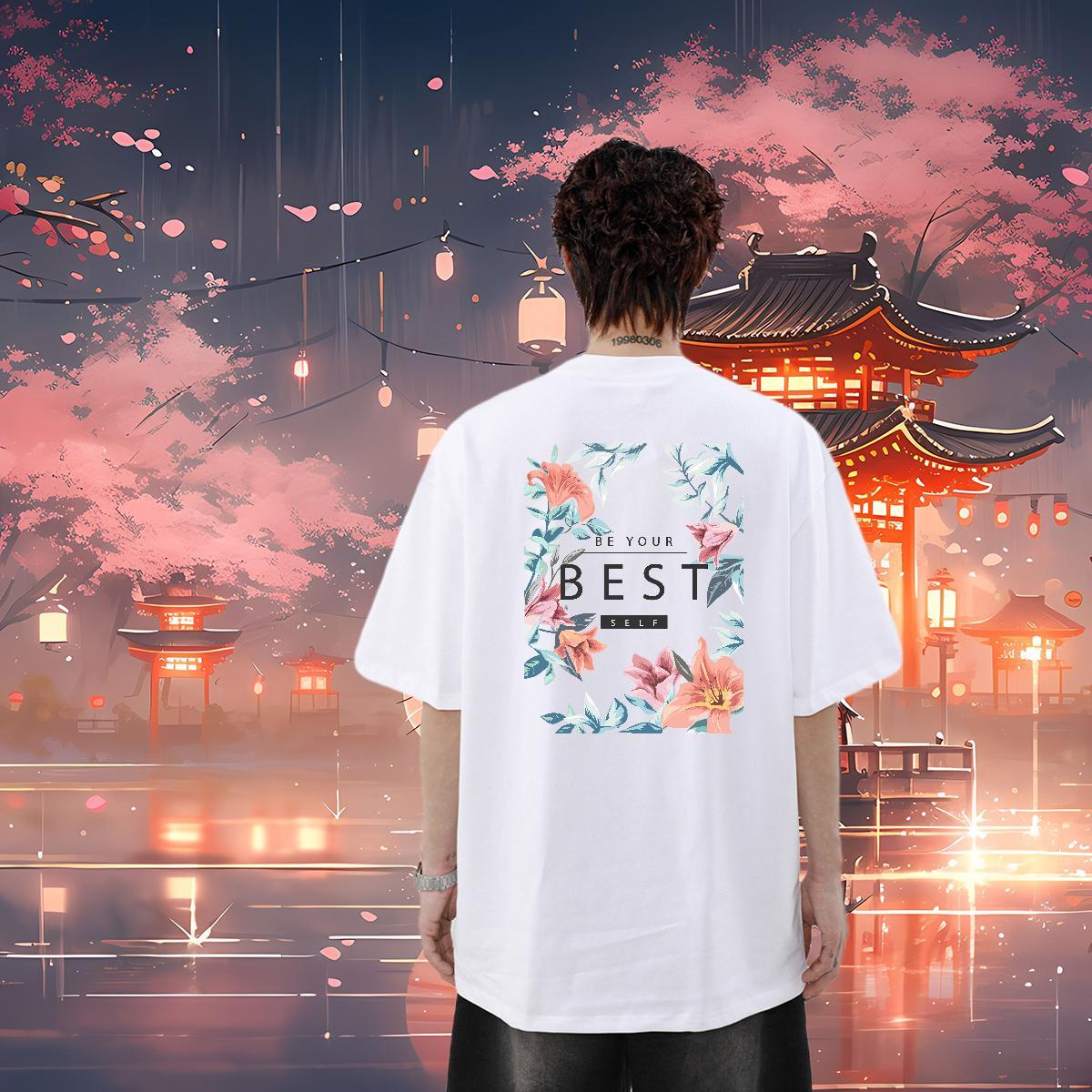Casual New Man T Shirts 230g Cotton flower Street Casual Tops Tees Breathable Short Sleeve Cool Design Men Tops Tees Plus Size Cartoon