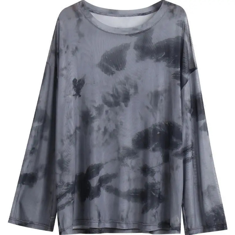 Spring Autumn Fashion Printing Tie Dye Loose T-Shirts Womens Clothing O Neck Long Sleeve Simplicity Gauze Thin Slim Korean Tops 240806