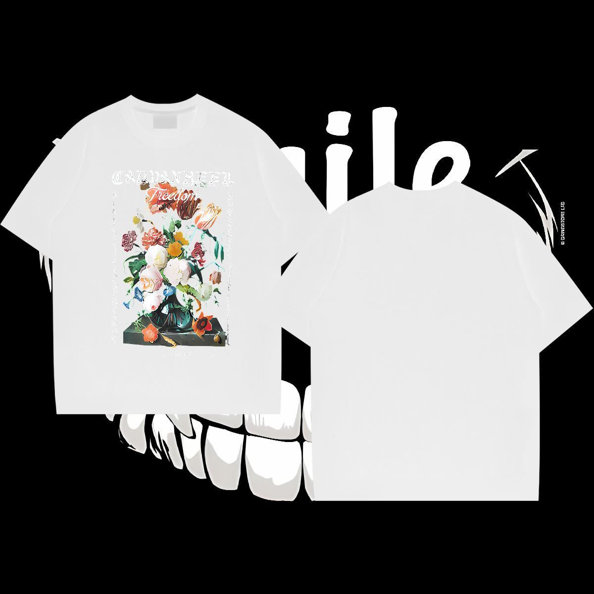 2024 New T-Shirts for Men 230g Cotton flower Hip Hop Street Tees Breathable Short Sleeve High Quality Tshirts Plus Size Cartoon