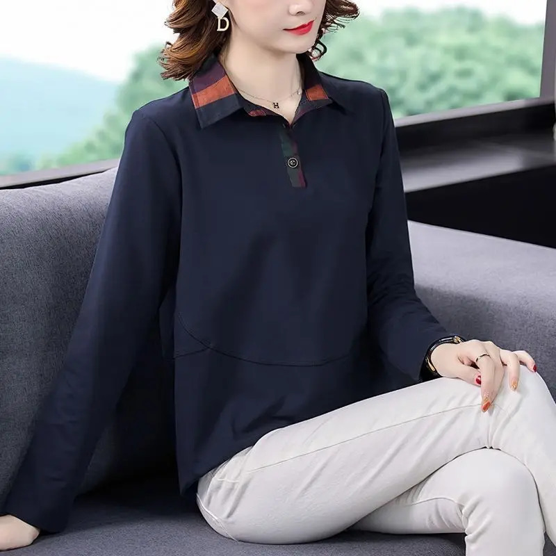 Spring and Autumn Womens Polo Collar Solid Button Panel Plaid Contrast Long Sleeve T-shirt Underlay Fashion Casual Loose Tops 240806