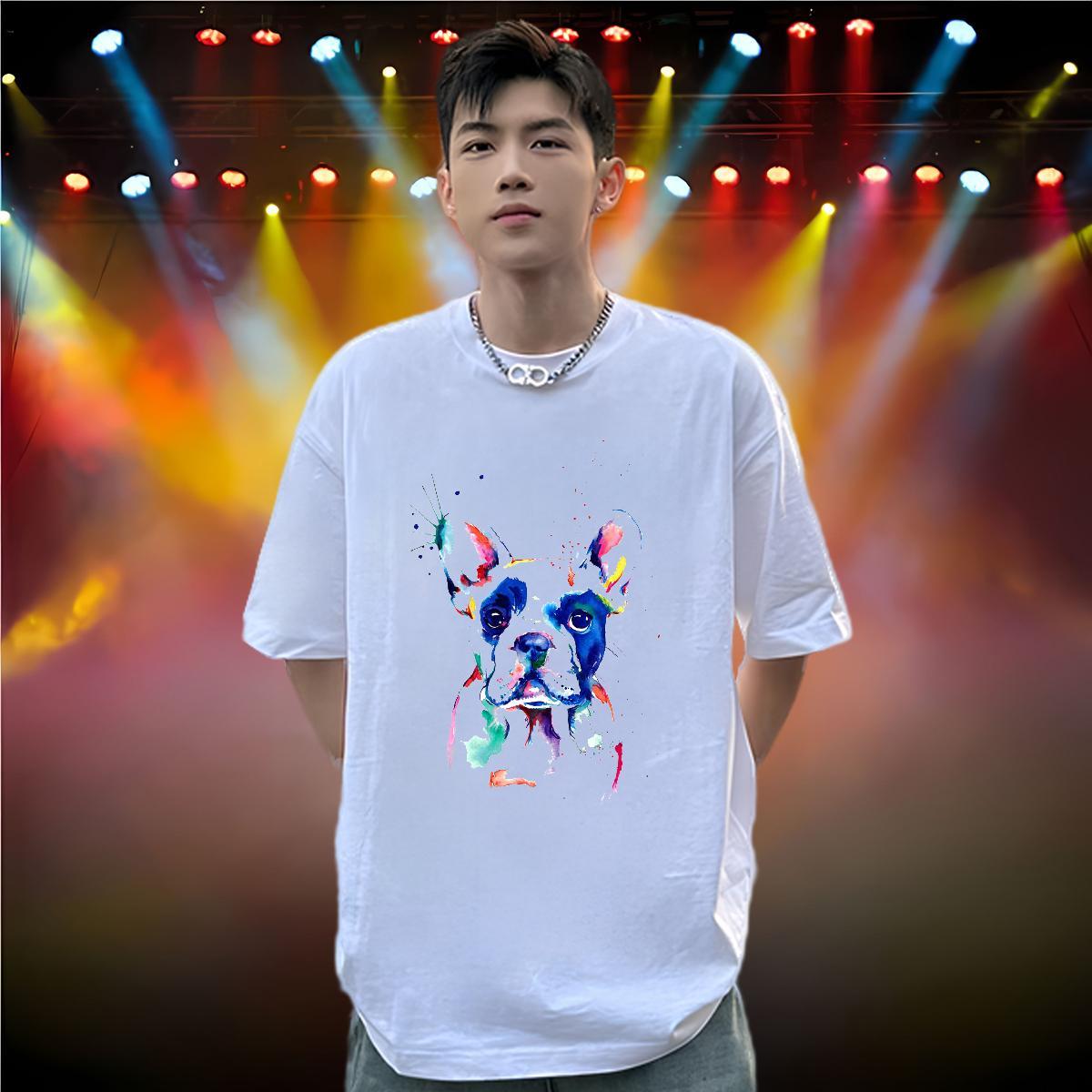 New T-Shirts for Men 230g Cotton coloful dog Spring Summer Tshirts O Neck Short Sleeves Loose Men Tops Tees Oversized