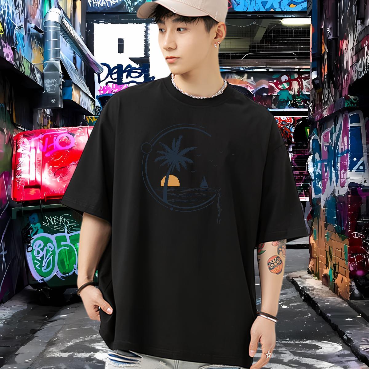 Brand T Shirts Men 230g 100% Cotton sea Beach Polos Breathable Classic Men Tops Tees Cartoon Print