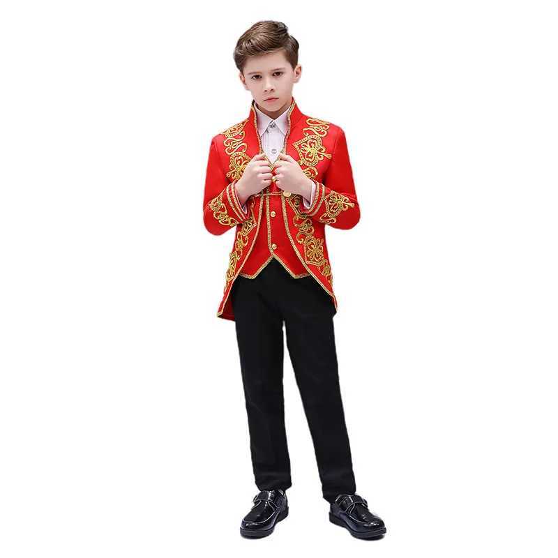 Suits Childrens Lovely Blazer Vest Pants 3pcs Suit Set Boys Golden Flower European Court Prince Charming Stage Drama Show Costume