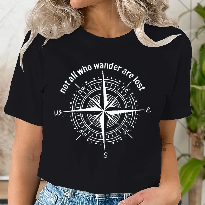 Compass Not All Who Wander Are Lost Print Women Casual T-Shirt Women Summer Harajuku T Shirts Girl Casual Fashion Travel Clothes 240806