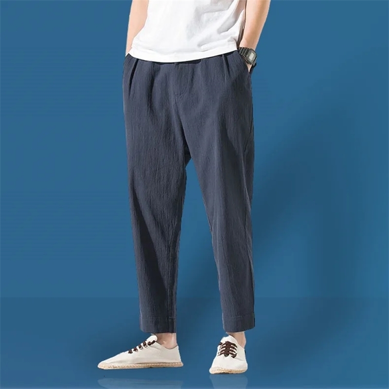Casual Straight-leg Linen Pants For Men Loose Fit Spring Autumn Trendy Cotton Linen 9/10ths Sweatpants 240819