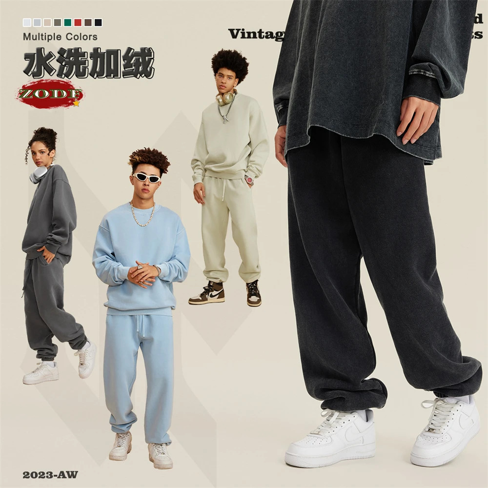 ZODF Autumn Winter Mens Washed Sweatpants Retro Unisex Loose 355gsm Warm Fleece Solid Joggers Pants Streetwears HY0653 240806