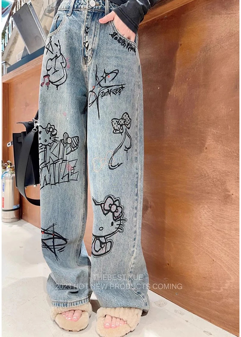 Y2K Kawaii Drill Jeans Straight Pants Female Girl American Retro Graffiti Harajuku High Waist Denim Trourse Woman 240806