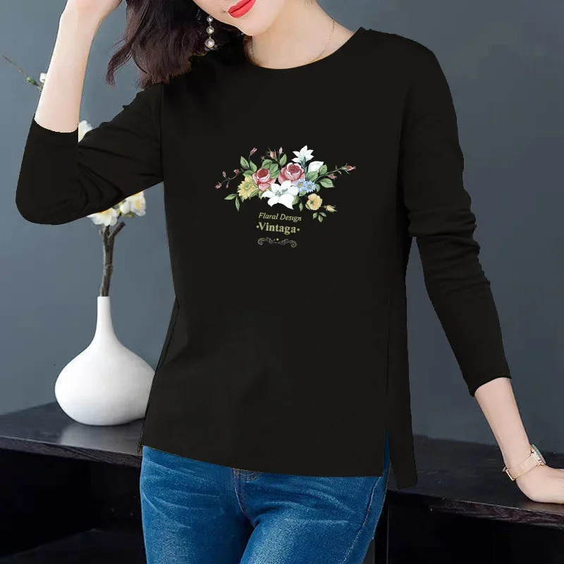 100 Cotton Spring Fashion Versatile Long Sleeve Round Neck Slim Fit Casual Base Shirt Women T-shirt 240806