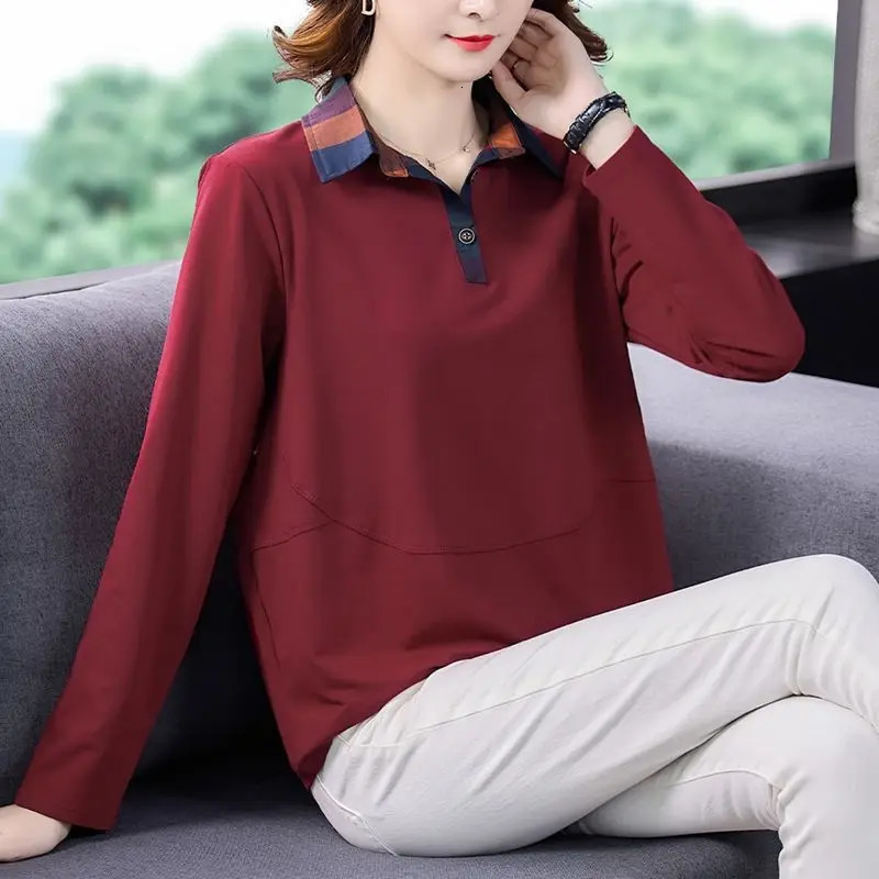 Spring and Autumn Womens Polo Collar Solid Button Panel Plaid Contrast Long Sleeve T-shirt Underlay Fashion Casual Loose Tops 240806