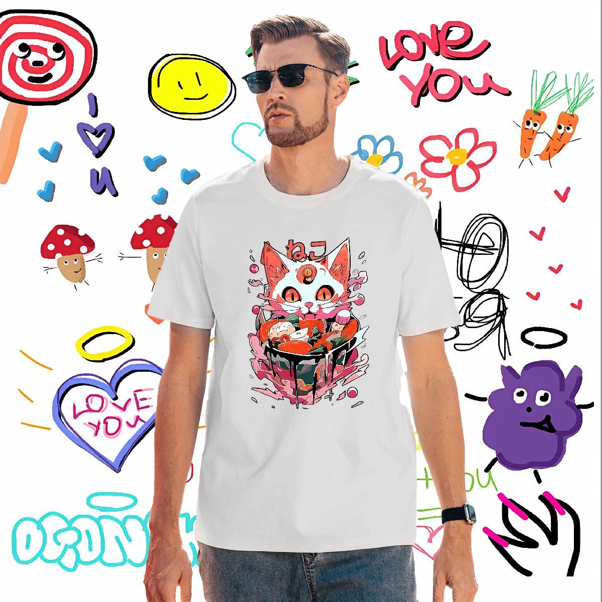 Mens T Shirts 230g Pure Cotton cat Beach Breathable Custom Cartoon Men Tees New Cool Tops