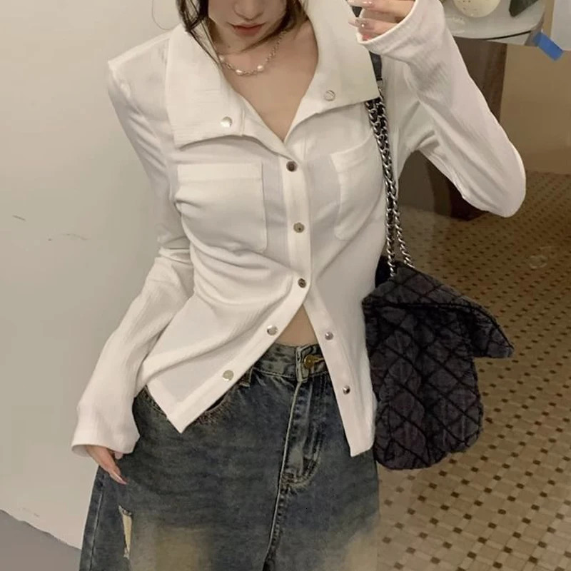 Womens clothing Spring and Autumn fashion polo neck sexy tight ribbed knitted T-shirt Korean solid long sleeved fashion Y2K short top 240827