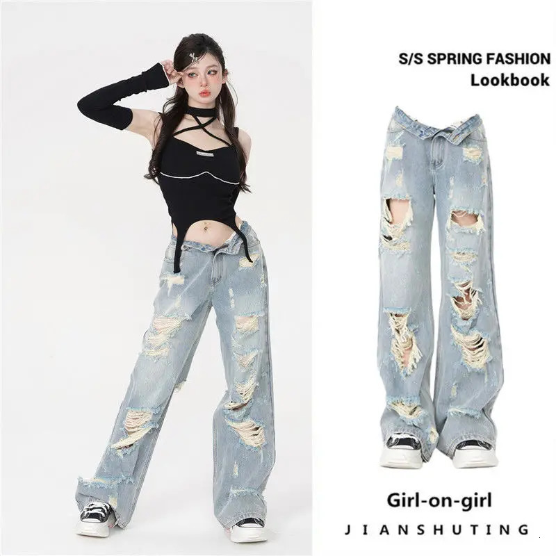Summer Korean Fashion Loose Jeans for Women Denim Hole Broken Retro Streetwear Spicy Girls Wide Leg Cargo Pants Women Clothing 240806