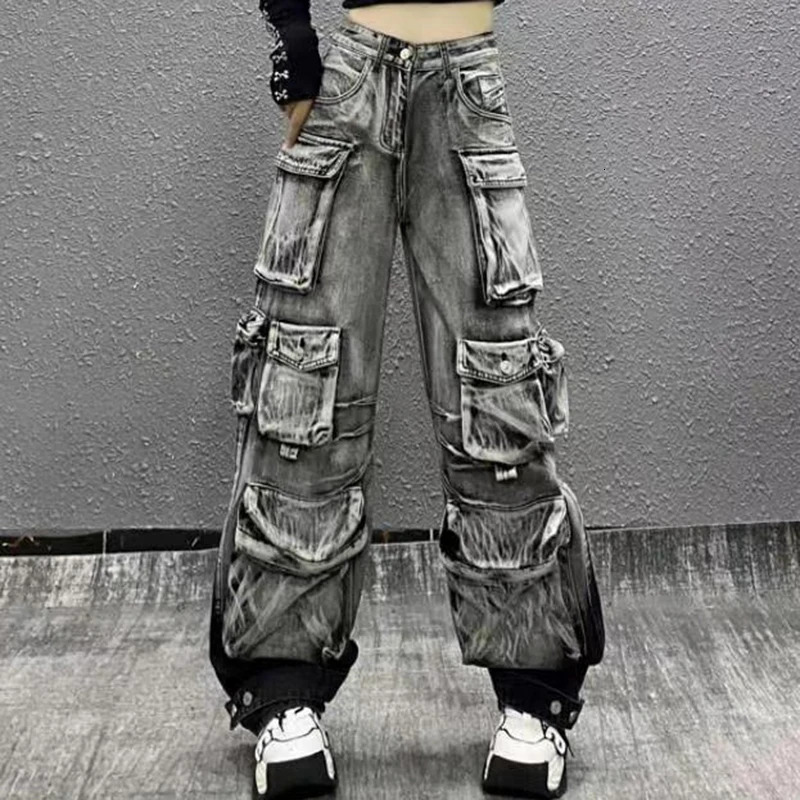 FOTVOTEE Cargo Pants Women Vintage Washed Streetwear Casual Loose Denim Pants Fashion Wide Leg High Waisted Jeans Y2k 240806