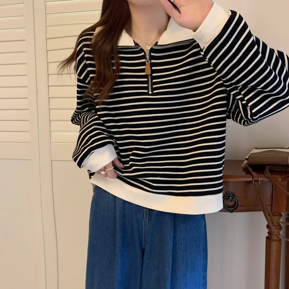 Large Size Striped Polo Collar Shoulder Sweatshirt for Womens Spring Autumn Loose Half Zipper Long Sleeved Casual T-shirt Top 240806