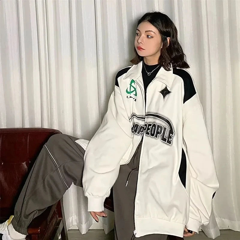 Y2k Fashion Harajuku Vintage Oversized Women Sweatshirts Grunge Korean Streetwear Black White Zip Up Hoodies Female Hip Hop Tops 240805