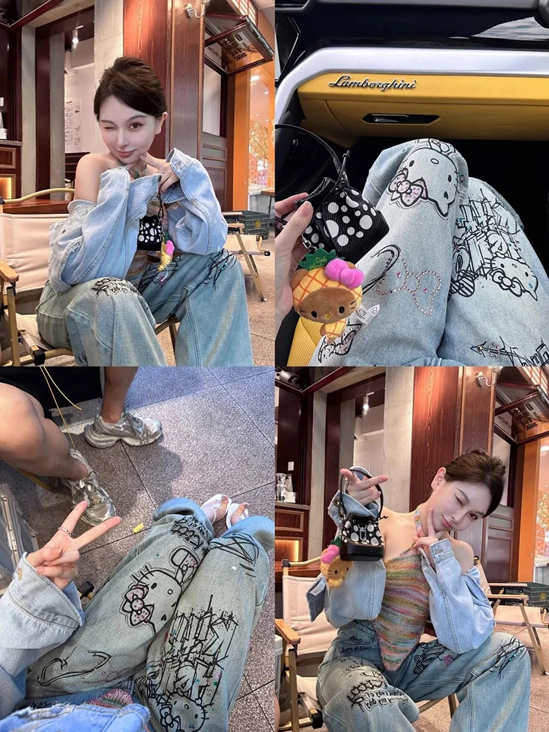 Y2K Kawaii Drill Jeans Straight Pants Female Girl American Retro Graffiti Harajuku High Waist Denim Trourse Woman 240806