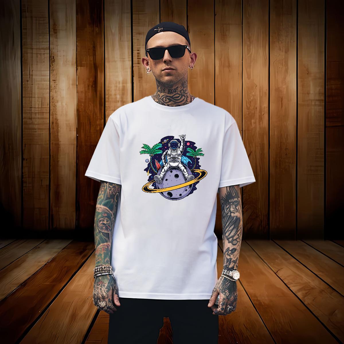 T-Shirts for Men 230g Cotton cosmonaut Daily Wear Round Neck Short Sleeve Skull Men Clothes T-Shirt Fashion New Wholesale Tshirts