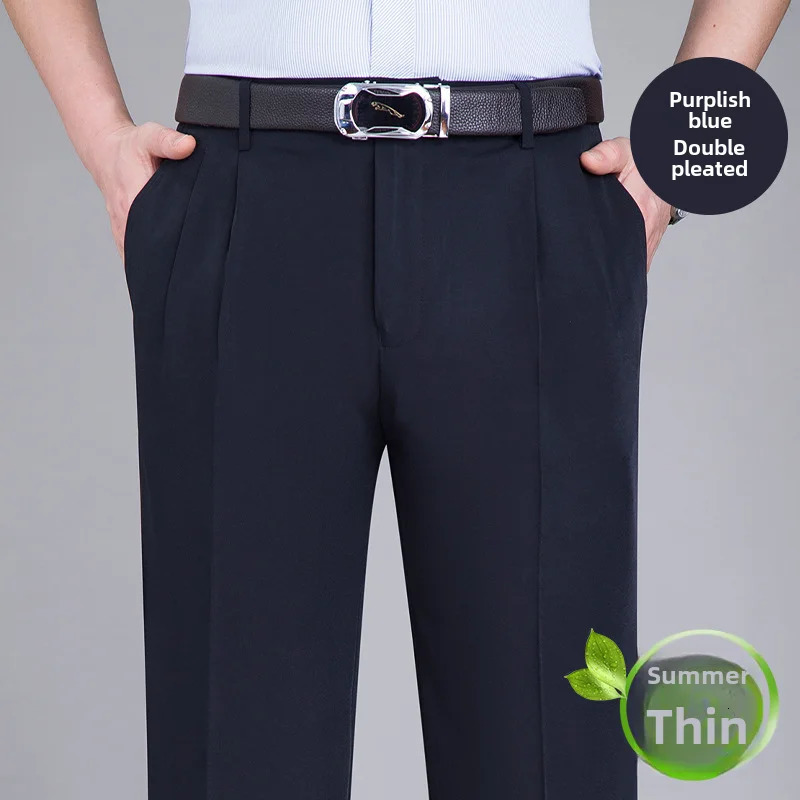 Summer Thin Silk Double Pleat Mens Casual Middle Age Loose Fit Straight Leg High Waist Deep Arch Business Formal Trousers 240806