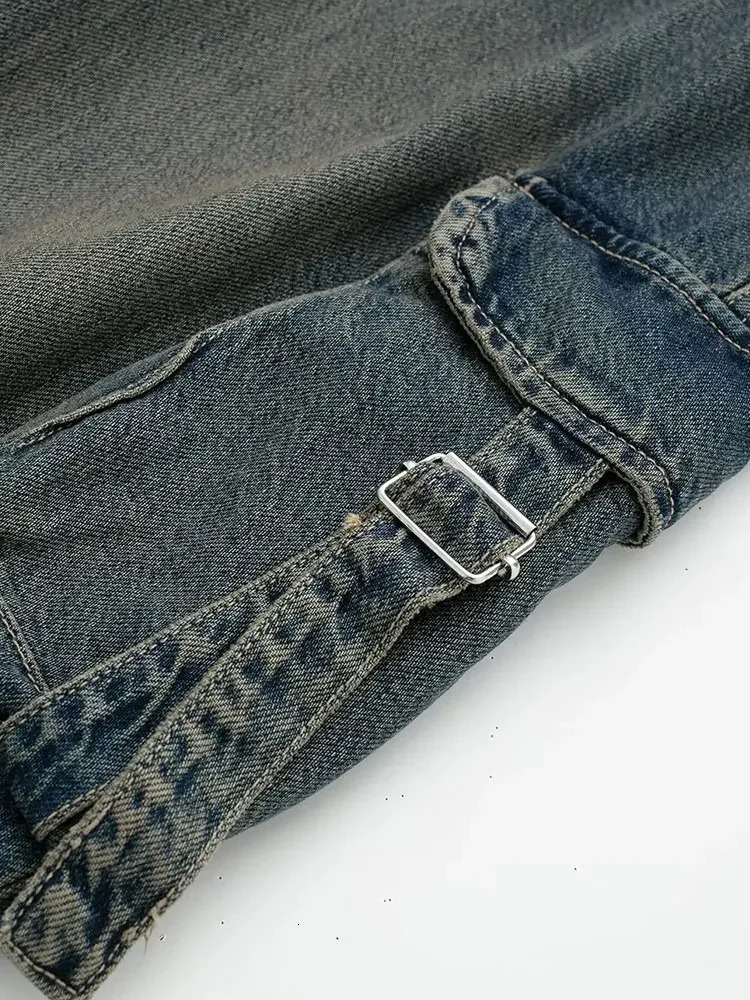 Spring Autumn Woman Pocket Workwear Denim Cargo Long Pants Fashion Mid Waist Vintage Casual Street Loose Trousers 240806