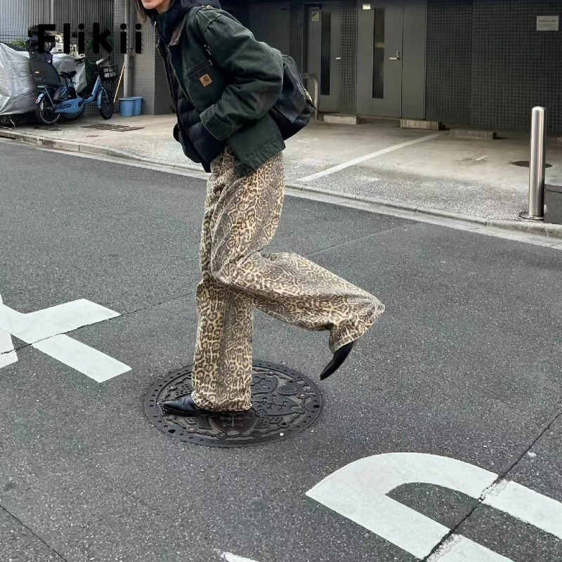 American Retro High Waist Leopard Print Jeans For Women Baggy Pocket Y2K Pants Casual Wide Leg Grunge Streetwear Denim Trouser 240806