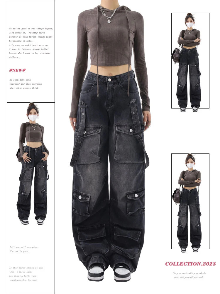 Women Vintage Black Gothic Cargo Jeans Y2k Wide Leg Denim Pants Oversize 2000s High Waist Jeans Korean Baggy Trousers 90s Jeans 240806