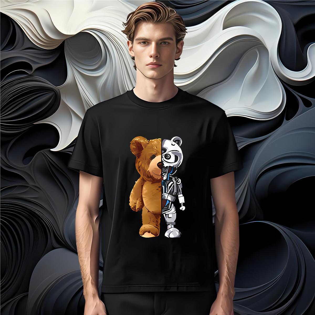 High Quality Men Clothes T-Shirt 230g Pure Cotton bear T Shirt For Man Daily Wear Crew Neck Cartoon Printing L-4XL Fashion New Clothings