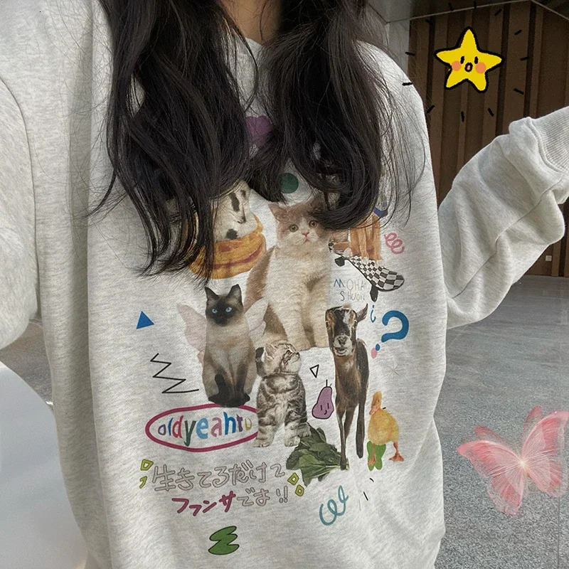 Milk Cat Printed Sweatshirt Autumn Winter Long Sleeve Fashion Streetwear Women Top Harajuku Y2k Aesthetic Graphic Women Clothing 240806
