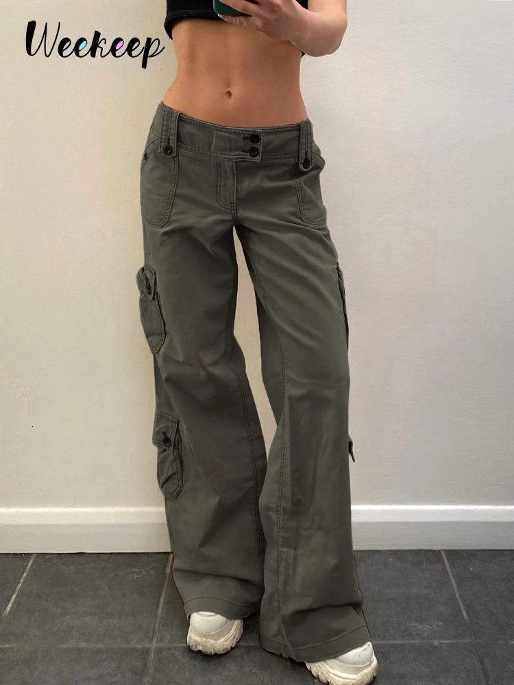 Weekeep Baggy Women Jeans Low Rise Button Fly Straight Womens Denim Cargo Pants y2k Grunge Trousers Pocket Patchwork Streetwear 240806